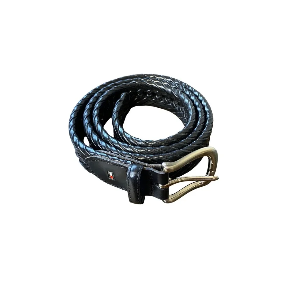 Tommy Hilfiger Mens Braided Woven Leather Trim Belt Black TKBC 40/100